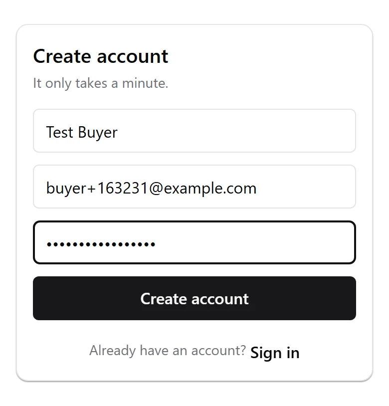 The Create account screen of the running app, with name, email and password fields and a Create account button