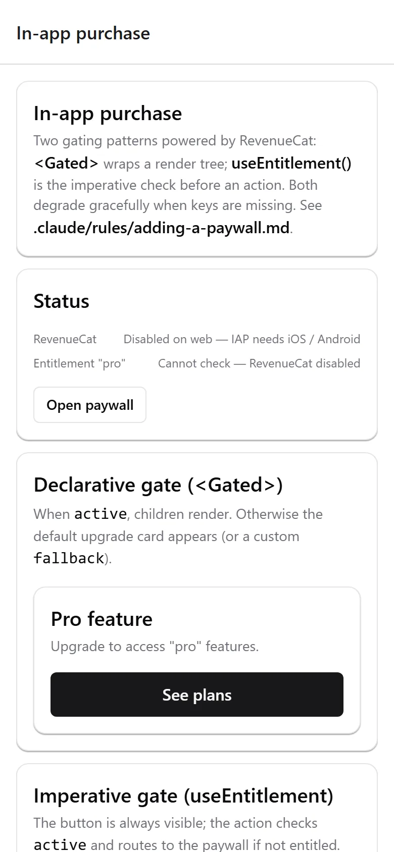 In-app purchase demo screen