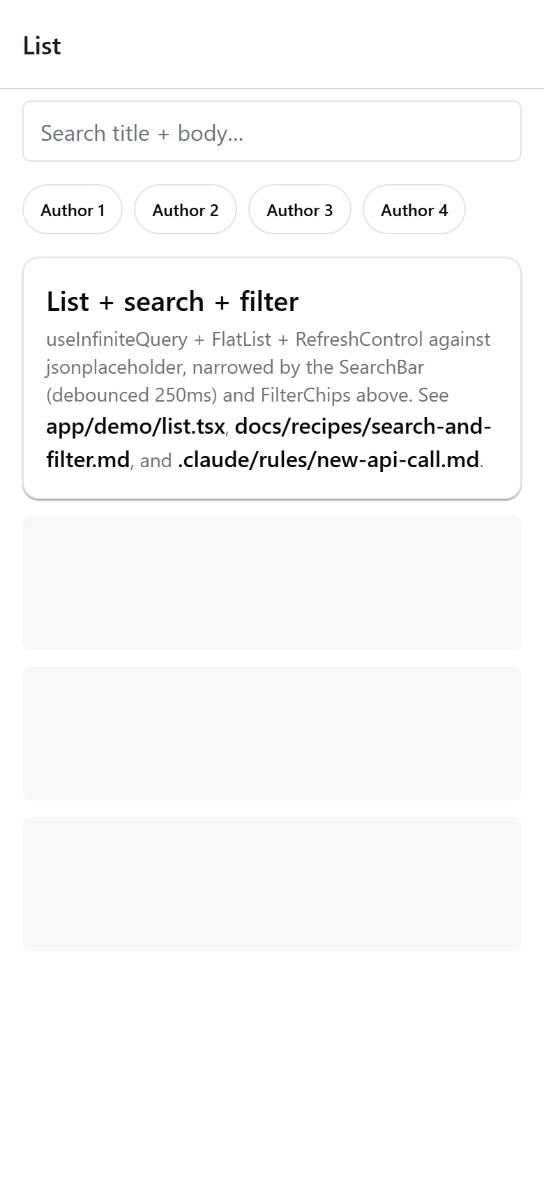 Searchable, filterable list screen