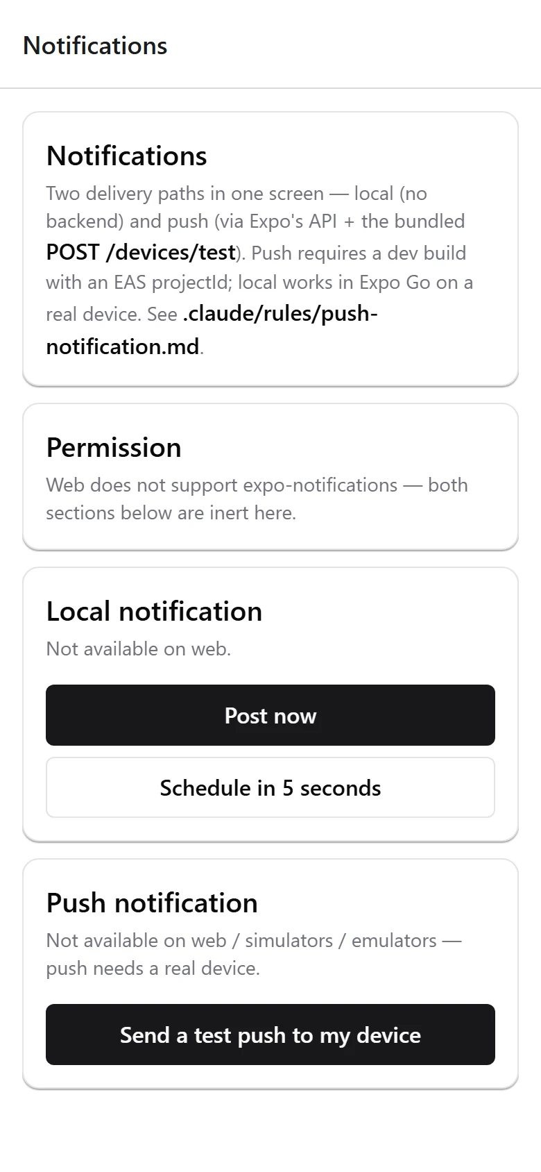 Notifications screen with local and push controls