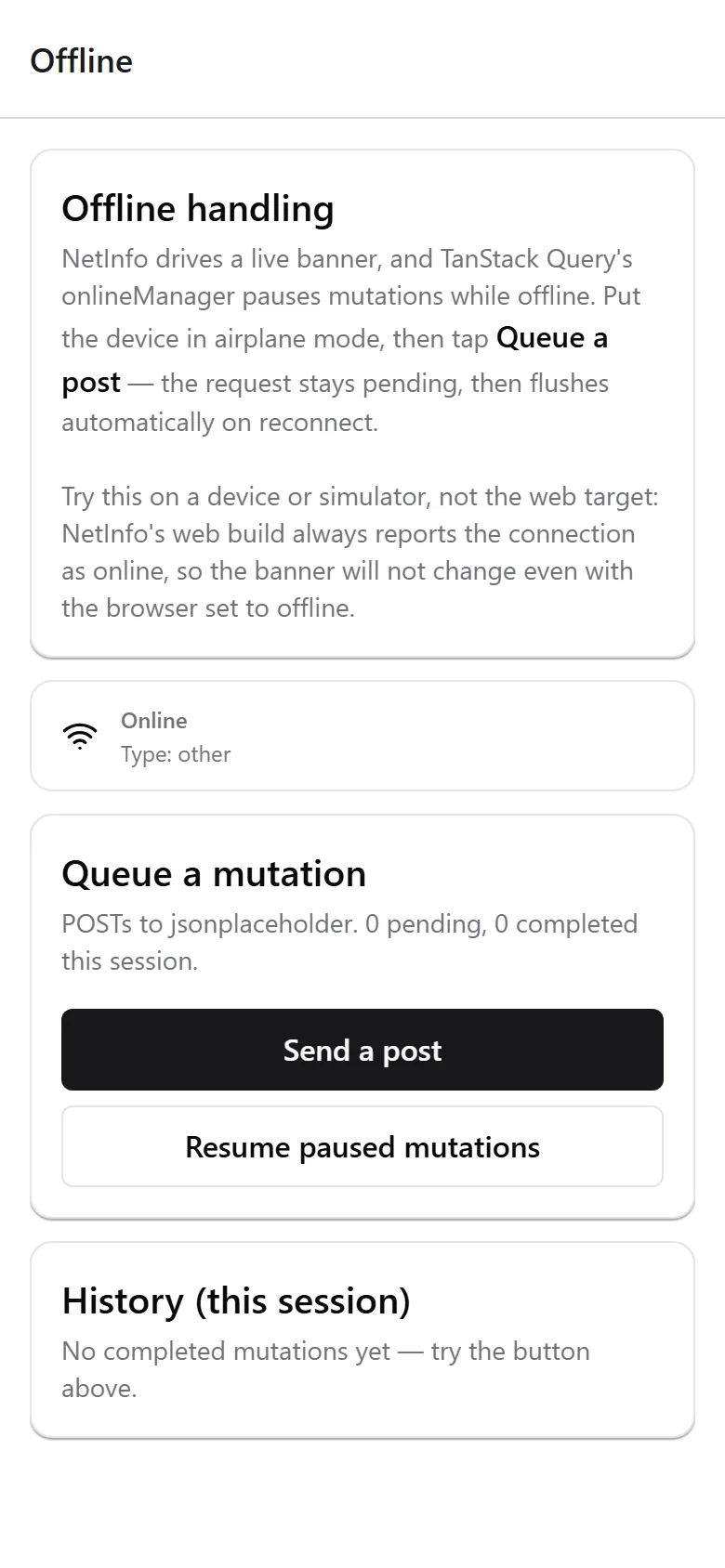 Offline handling screen with a queued mutation