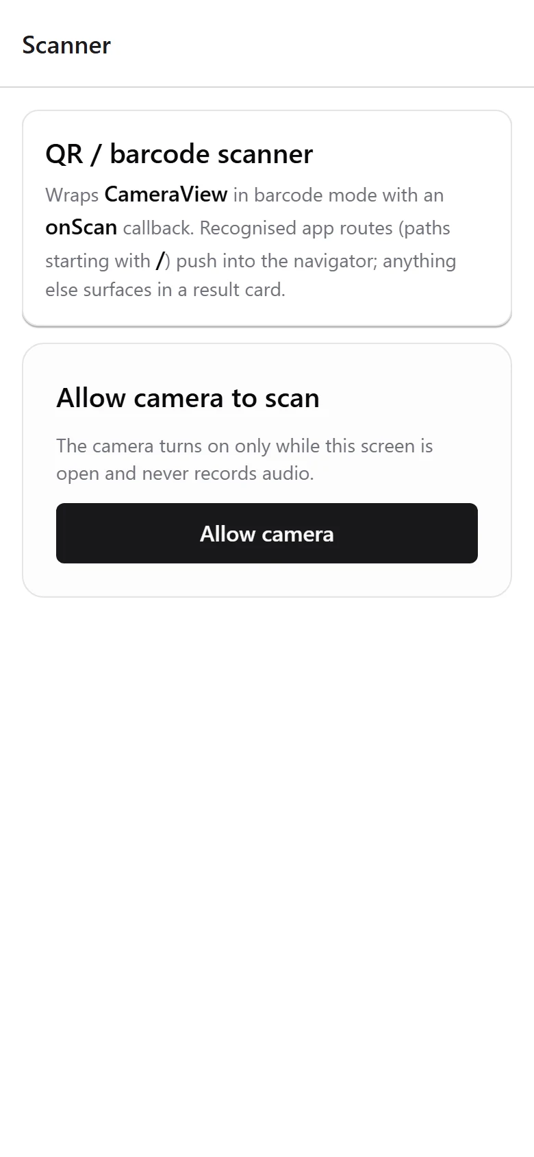 QR and barcode scanner screen