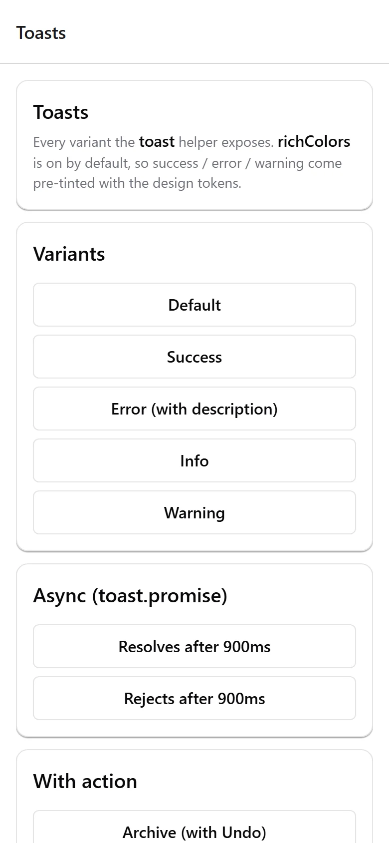 Toast notifications demo screen