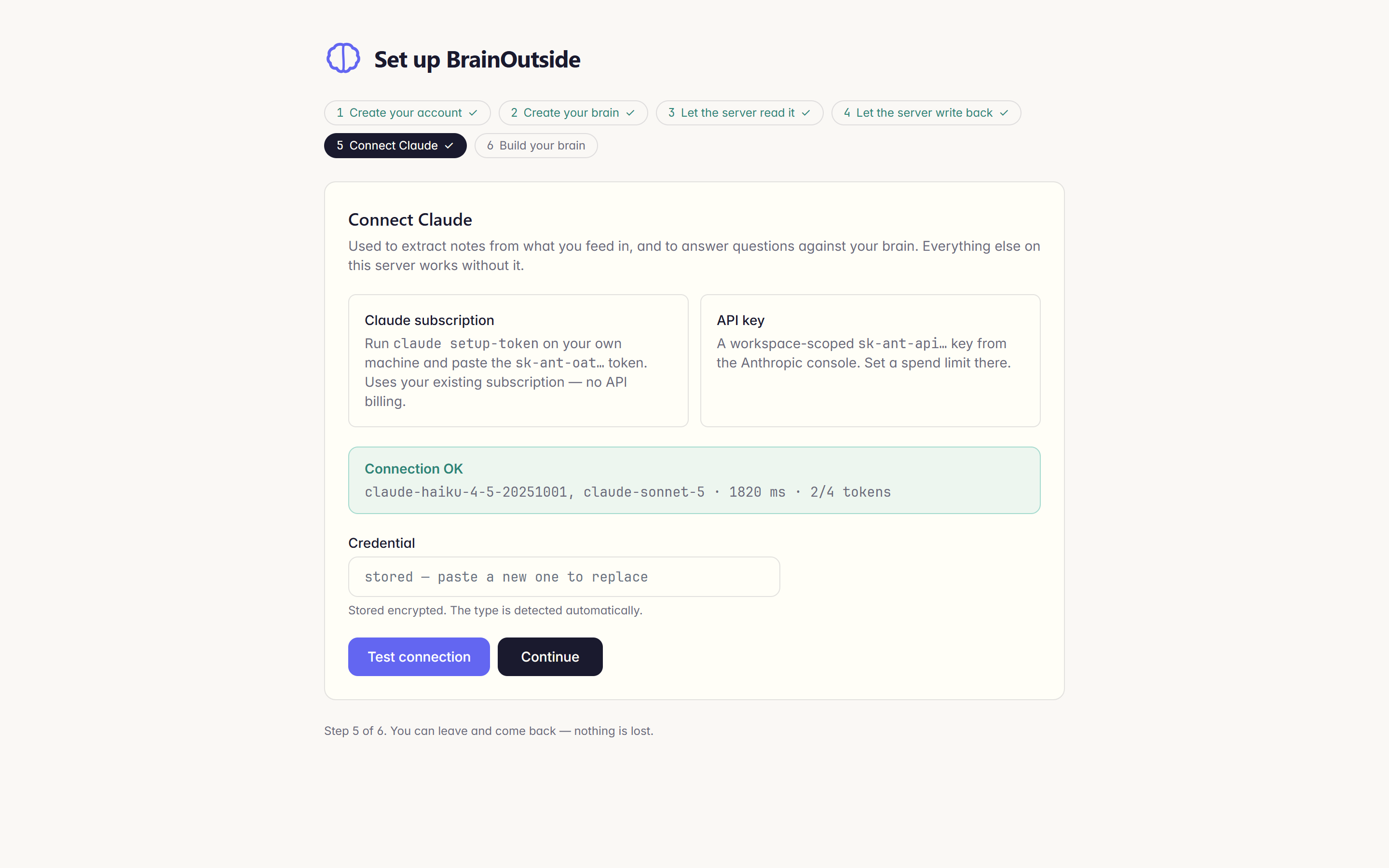 Step 5 of the setup wizard, showing a successful Test connection against a Claude subscription token