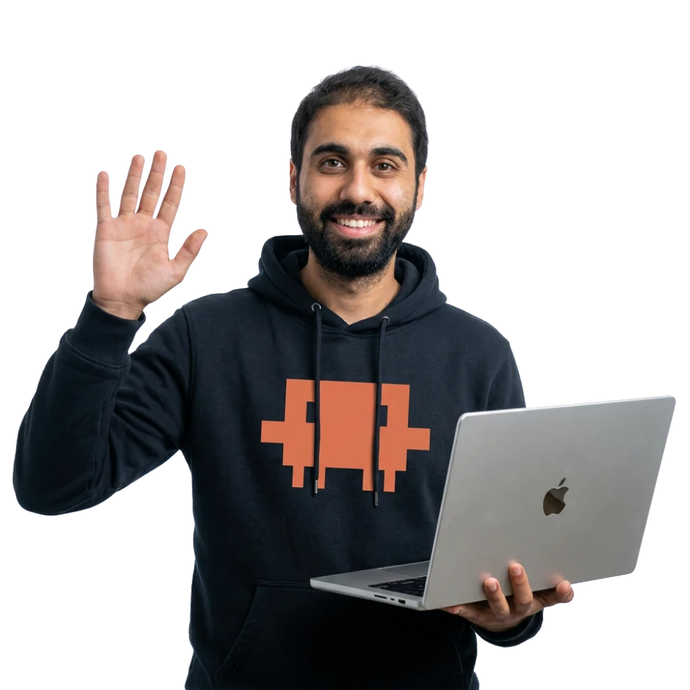 Hasan waving hello, holding a laptop