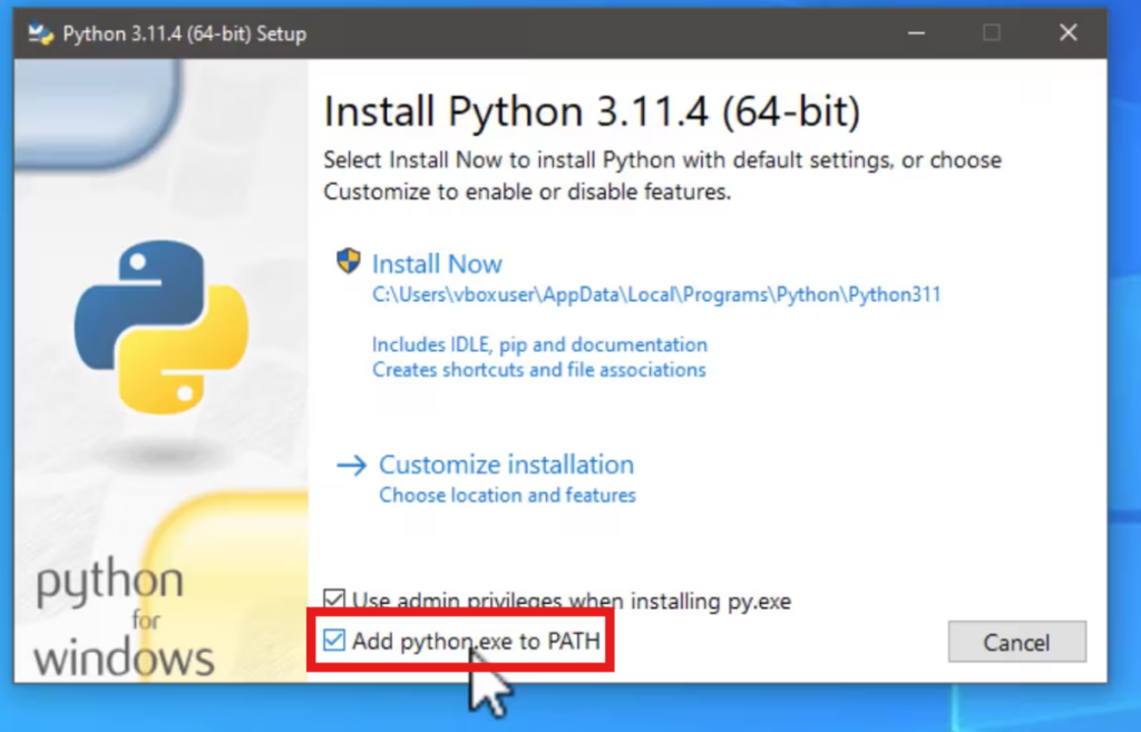 add file path when installing python