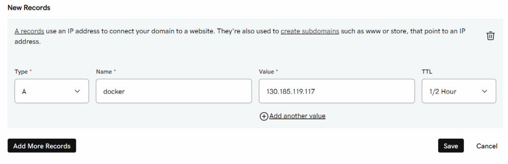 Godaddy subdomain A record