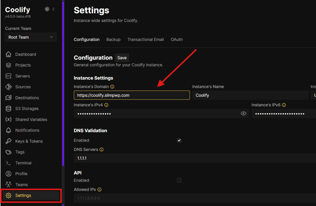 Coolify Settings