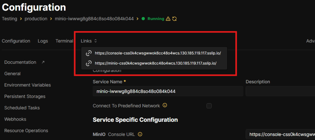 MinIO Links In Coolify