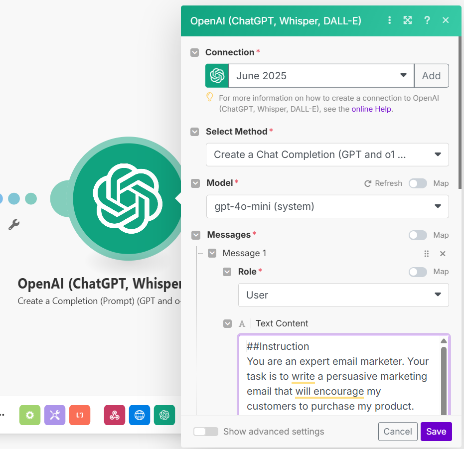 ChatGPT node Make.com