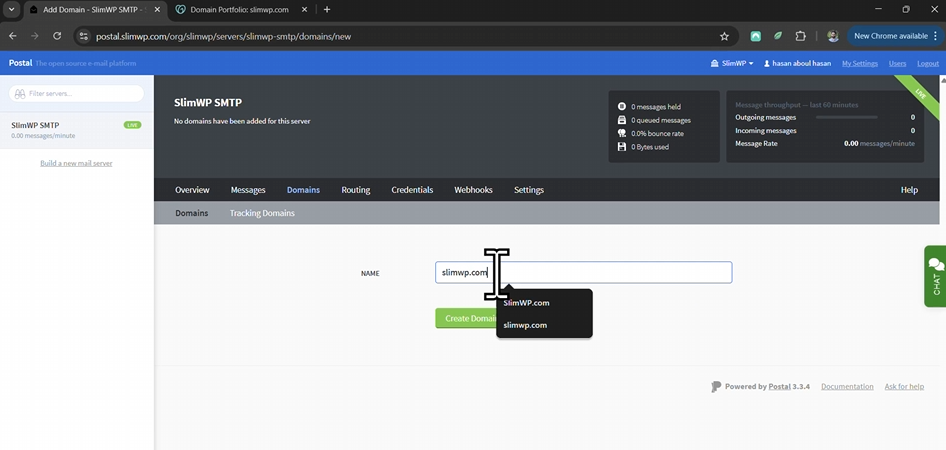 Setup subdomain on postal