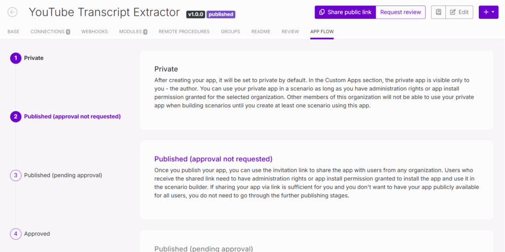make.com publishing custom app