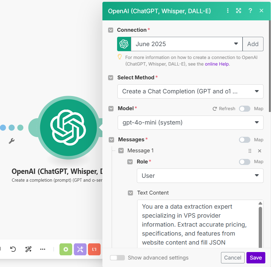 ChatGPT completion Module in Make.com
