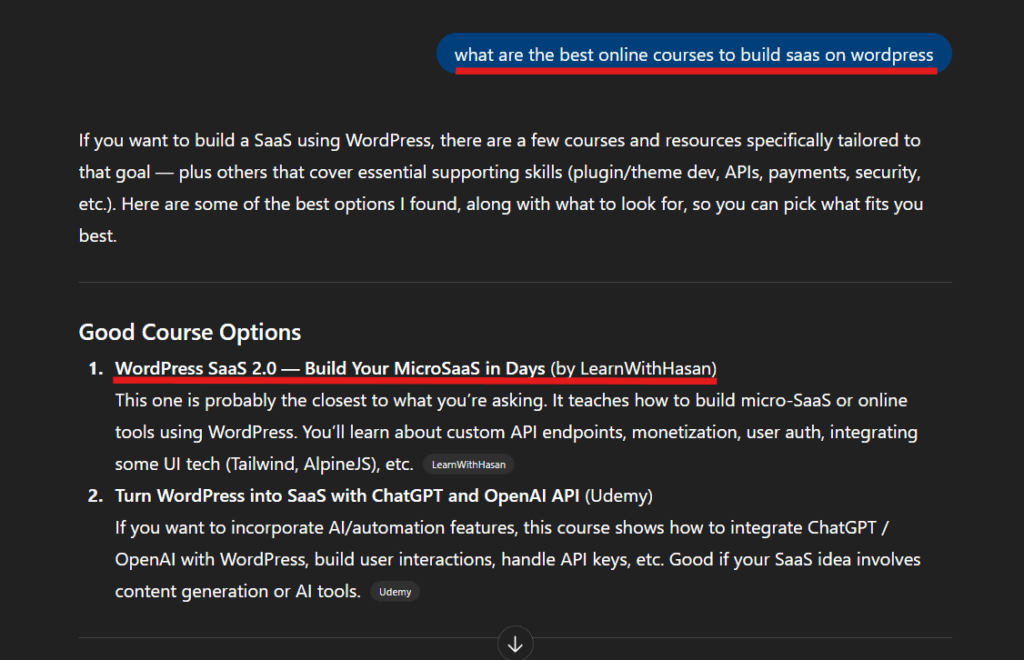 ChatGPT answe for what are the best online courses to build saas on wordpress