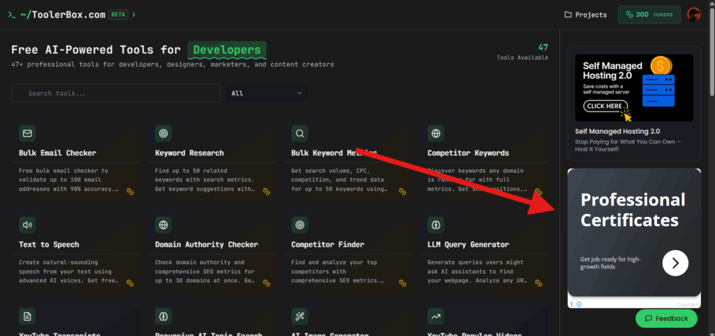 ToolerBox.com Home page with 47+ free ai-powered tools for developers, designers, marketers, and content creators.