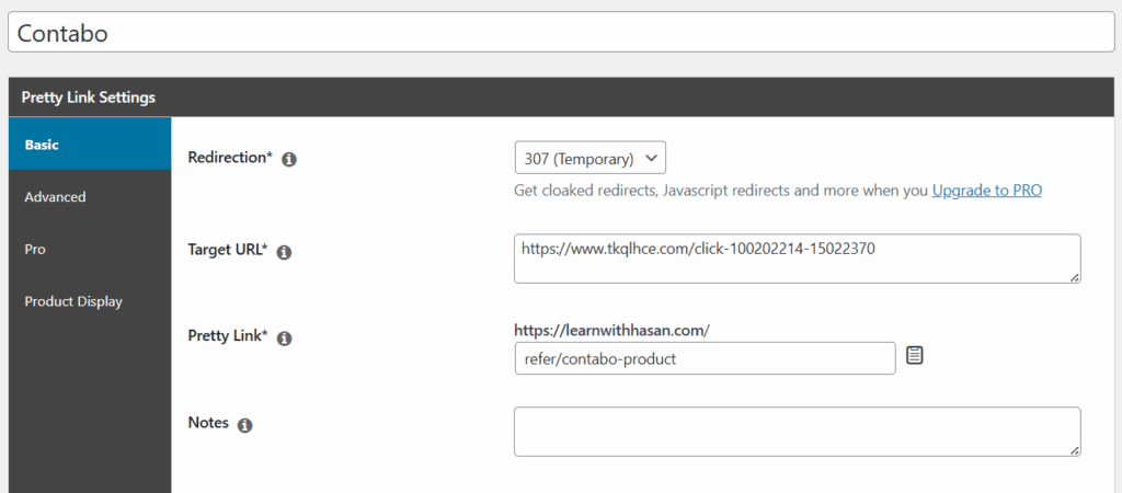 Pretty Links on WordPress with an affiliate Link to contabo