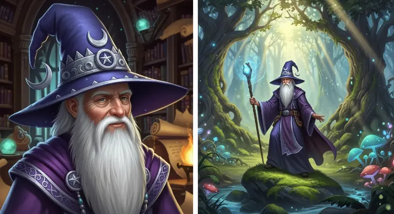 Character consistency in AI image generation using Nano Banana Pro showing same wizard character in different scenes using reference images with Google Gemini API
