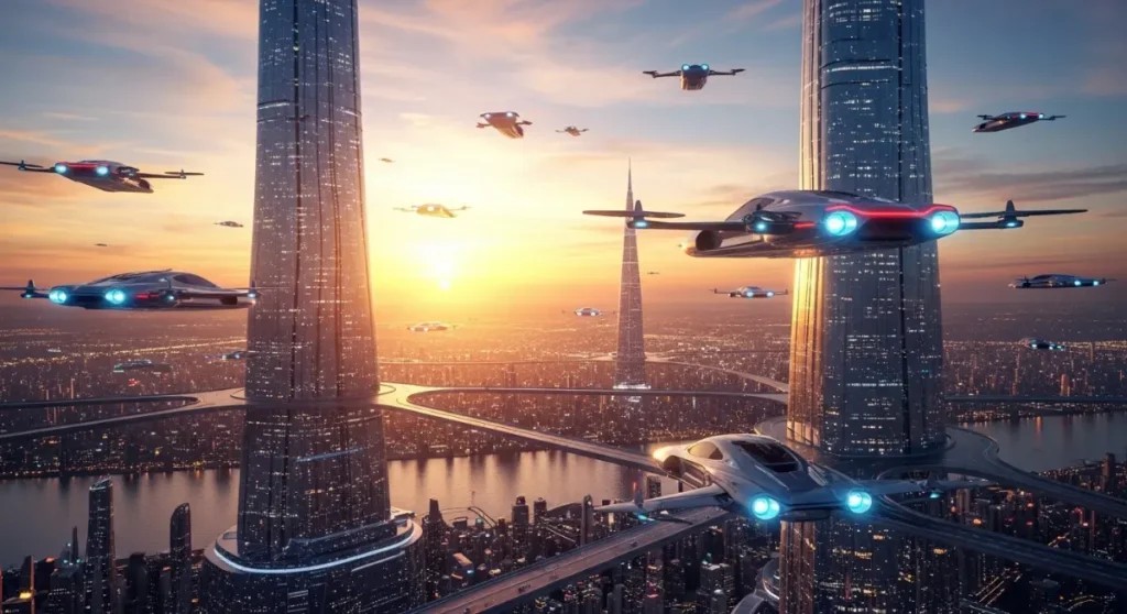 AI generated futuristic city at sunset with flying cars and neon lights created using Google Nano Banana Pro image generation API and SimplerLLM Python library