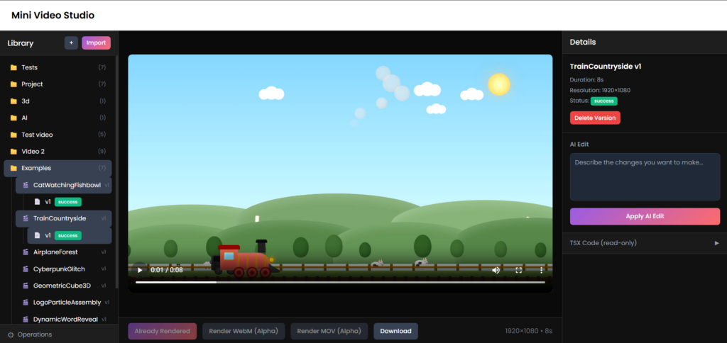 Preview of AI-powered video studio interface showing prompt input, video preview, and editing controls