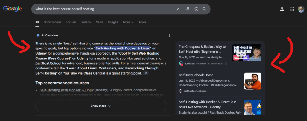 Google search results page showing AI Overview answer box highlighted at the top before traditional organic results.