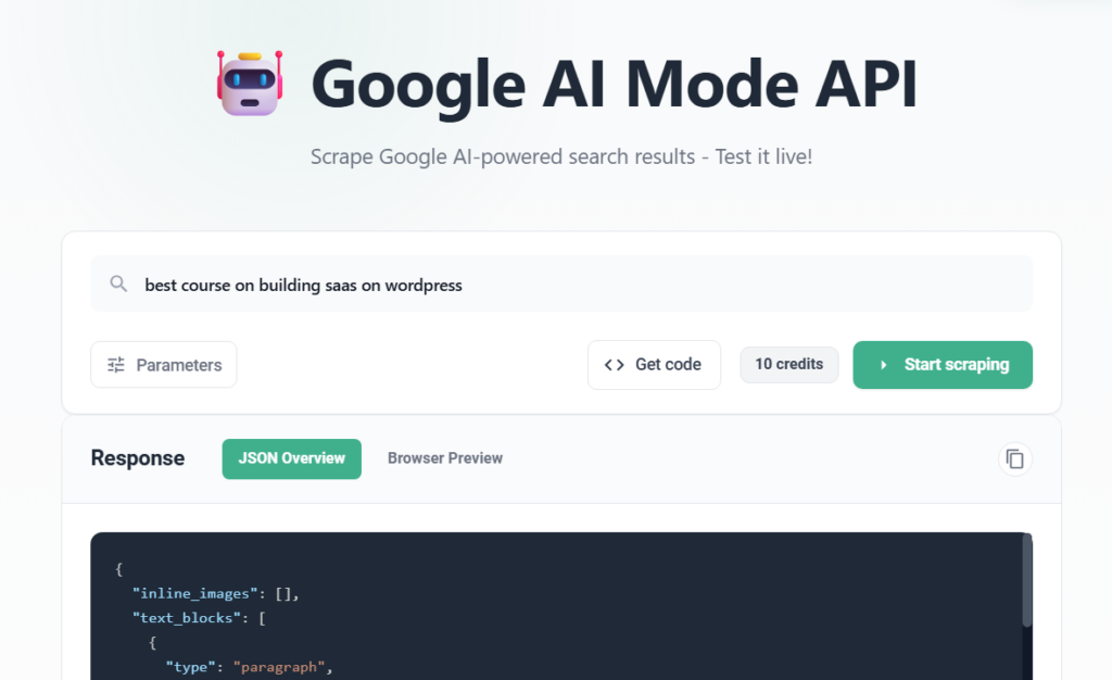 ScrapingDog API playground interface showing Google AI Overview results returned as structured JSON data.