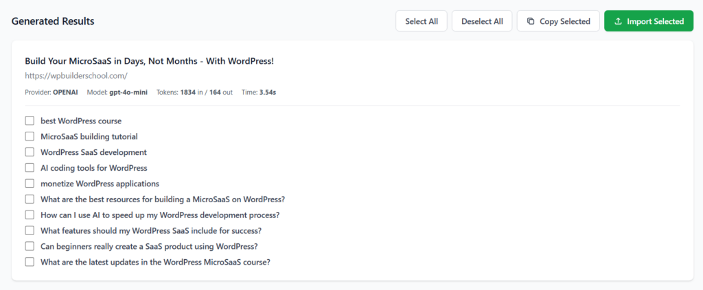 Google AIO Toolkit Query Generator showing URL input field and AI-generated search query suggestions for content optimization.