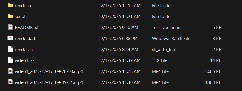 File explorer showing Remotion renderer folder structure with render.bat file and example TSX video file ready to process