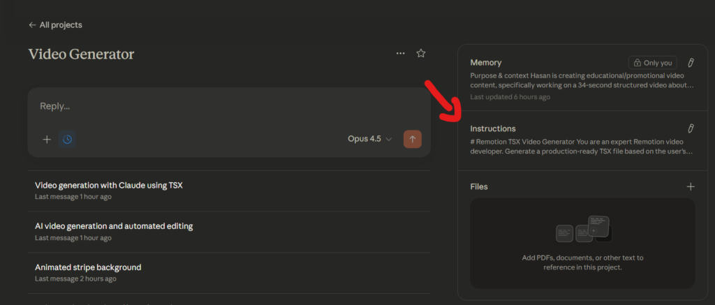 Claude AI Projects interface showing how to add custom instructions for Remotion video generation"