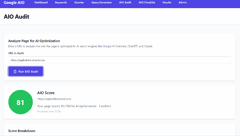 Google AIO Toolkit AIO Auditor interface displaying page analysis results with optimization recommendations and scores.